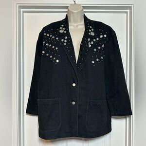 Vintage Black PADO Gem Rhinestone 80s 100% Cotton Oversized Womens Blazer Jacket